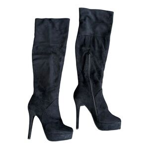 Fredrick's of Hollywood Womens Thigh High Black Faux Suede Heeled Boots Shoes 6